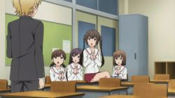 1boy 4girls animated animated_gif black_hair chestnut_mouth clapping fujioka_(minami-ke) gakuran keiko_(minami-ke) long_hair minami-ke minami_kana multiple_girls open_mouth riko school_uniform screencap serafuku tagme