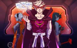 1boy 2girls alternate_costume arm_wrap backwards_text black_hair black_pants blonde_hair breasts cane cape character_name collarbone colored_skin crop_top dirk_strider english_text frown grey_skin hairband highres holding holding_cane holding_wallet homestuck homestuck_2 hood hood_down horns indoors jewelry long_hair medium_breasts midriff multiple_girls onigiripretty orange_robe pants pointy_ears purple_cape red-tinted_eyewear ring robe robot rose_lalonde short_hair silver_hair sleeveless space spoilers standing tengen_toppa_gurren_lagann terezi_pyrope tinted_eyewear triangular_eyewear wallet window