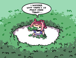 Rule 34 | 1girl, animal ears, black ribbon, bow, chibi, eating, english text, food in mouth, full body, grass, hair bow, hairband, haru urara (umamusume), hashtag-only commentary, highres, horse ears, horse girl, keenbiscuit, neck ribbon, on floor, orange hair, ponytail, red hairband, ribbon, solo, speech bubble, thought bubble, umamusume, white bow
