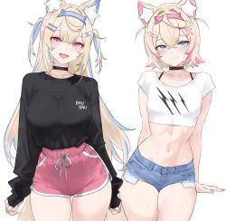 2girls :3 :d absurdres adapted_costume alternate_costume animal_ear_fluff animal_ears bandaid bandaid_hair_ornament black_choker black_shirt blonde_hair blue_eyes blue_hair blue_hairband blue_shorts bluefield bra_strap breasts choker closed_mouth colored_inner_animal_ears commentary cowboy_shot cropped_shirt crossed_bangs cutoff_jeans cutoffs denim denim_shorts dog_ears dog_girl dog_tail dolphin_shorts double-parted_bangs exposed_pocket frayed_shorts fuwawa_abyssgard hair_between_eyes hair_intakes hair_ornament hairband hairclip highres hololive hololive_english horn_hairband large_breasts long_hair long_sleeves looking_at_viewer midriff mococo_abyssgard mococo_abyssgard_(1st_costume) multicolored_hair multiple_girls nail_polish navel open_mouth pink_eyes pink_hair pink_hairband pink_nails pink_shorts shirt shirt_tucked_in short_hair short_shorts short_sleeves shorts siblings simple_background sisters sleeves_past_wrists small_breasts smile straight-on streaked_hair t-shirt tail twins two_side_up virtual_youtuber white_background white_shirt x_hair_ornament