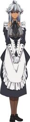 1girl anime_coloring apron breasts closed_mouth collarbone collared_shirt dark_elf eguchi_mari elf expressionless frilled_apron frills full_body gloves grey_hair hair_between_eyes large_breasts long_hair long_sidelocks long_sleeves looking_at_viewer maid maid_apron official_art pointy_ears reanette_elfelt red_eyes shinmai_ossan_bokensha shirt sidelocks simple_background solo transparent_background white_apron white_gloves