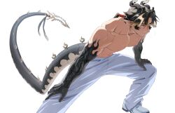 1boy absurdres arknights black_hair black_hands brown_hair chongyue_(arknights) colored_extremities commentary_request dragon_boy dragon_horns dragon_tail earrings highres horns jewelry male_focus multicolored_hair nipples okonon_(kado_colda) pants pointy_ears red_eyes shoes simple_background solo stretching sweat tail toned toned_male topless_male white_background white_pants white_shoes