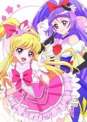 2girls :d arched_bangs asahina_mirai ascot back_bow bare_shoulders black_gloves black_hat blonde_hair blush bow bowtie bracelet breasts brooch chest_bow closed_mouth collarbone commentary cowboy_shot cure_magical cure_miracle detached_sleeves diamond-shaped_brooch dress dress_bow earrings elbow_gloves gloves gold_bracelet hair_bow hairband hand_on_own_hip hat high_side_ponytail highres inward_v izayoi_liko jewelry layered_dress long_hair looking_at_viewer magical_girl mahou_girls_precure! mahou_girls_precure!!_mirai_days medium_breasts mini_hat mini_witch_hat momotarouooi multiple_girls open_mouth pearl_earrings pink_dress pink_hairband pink_hat ponytail precure puffy_short_sleeves puffy_sleeves purple_dress purple_eyes purple_hair red_ascot red_bow red_bowtie short_sleeves side_ponytail sleeveless sleeveless_dress small_breasts smile star_(symbol) star_symbol_background tilted_headwear underbust v very_long_hair watermark white_background white_gloves witch_hat