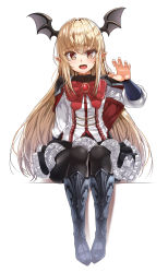 1girl :d alternate_eye_color arm_support bat_wings black_capelet black_pantyhose black_skirt blonde_hair brooch capelet collared_shirt fangs female_focus flower frilled_skirt frills full_body granblue_fantasy hair_between_eyes head_wings highres jewelry layered_skirt lhu_(barappra1) long_hair long_sleeves looking_at_viewer miniskirt open_mouth pantyhose pointy_ears red_flower red_rose rose shingeki_no_bahamut shiny_clothes shirt sitting skirt smile solo vampire vampy white_shirt wings yellow_eyes