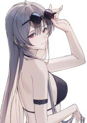 1girl absurdres adjusting_eyewear arm_strap azur_lane bikini black_bikini commentary eyewear_on_head from_behind hatski.sin highres jean_bart_(azur_lane) jean_bart_(private_apres_midi)_(azur_lane) long_hair official_alternate_costume red_eyes simple_background solo sunglasses swimsuit upper_body white_background