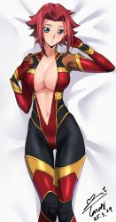 1girl artist_name blue_eyes bodysuit breasts code_geass collarbone dakimakura_(medium) dated female_focus highres kouzuki_kallen large_breasts looking_at_viewer lying medium_hair on_back parted_bangs red_hair unzipped variant_set yoo_tenchi