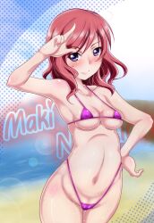 1girl bikini breasts closed_mouth female_focus highleg highleg_bikini highleg_swimsuit love_live! love_live!_school_idol_project medium_breasts micro_bikini nishikino_maki purple_eyes red_hair salute short_hair smile source_request swimsuit yamai_(ymi_factory)