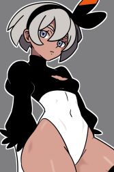 1girl 2b_(nier:automata) 2b_(nier:automata)_(cosplay) bea_(pokemon) blue_eyes bow cleavage_cutout clothing_cutout covered_navel cowboy_shot dark-skinned_female dark_skin grey_background grey_hair hair_bow hair_ribbon leotard nier:automata nier_(series) nintendo pokemon pokemon_swsh puffy_sleeves ribbon saucy_aussy solo thick_thighs thighs wide_hips