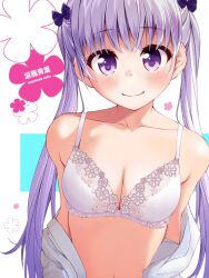 bra breasts character_name chuutaro_metal cleavage closed_mouth large_breasts lingerie looking_at_viewer new_game! purple_eyes purple_hair romaji_text smile straight-on suzukaze_aoba twintails underwear white_bra