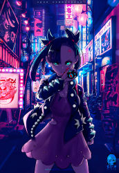 1girl aqua_eyes arcanine artist_name artstation_username bicio black_nails charizard city clenched_hand cowboy_shot dated dress dusk_ball english_text female_focus gastly gen_1_pokemon gen_4_pokemon gen_7_pokemon gengar haunter highres jacket lights long_sleeves looking_at_viewer lucario marnie_(pokemon) mimikyu nail_polish nintendo open_clothes open_jacket outdoors pink_dress poke_ball poke_ball_symbol pokemon pokemon_(creature) pokemon_swsh sign signature solo torn_clothes watermark web_address