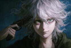 1boy absurdres blue_background close-up closed_mouth commentary_request danganronpa_(series) danganronpa_2:_goodbye_despair green_eyes green_jacket grey_hair gun gun_to_head hair_between_eyes handgun highres holding holding_gun holding_weapon jacket komaeda_nagito looking_at_viewer male_focus messy_hair revolver seapall smile solo suicide upper_body weapon