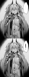! ... 1girl absurdres breasts closed_mouth fate/grand_order fate_(series) greyscale highres horns hxd large_breasts lilith_(fate) monochrome navel open_clothes open_shirt pubic_tattoo smile solo spoken_ellipsis spoken_exclamation_mark tattoo twintails