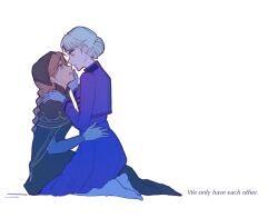 2girls anna_(frozen) black_dress blue_eyes blush braid chinese_commentary commentary_request crying dress elsa_(frozen) english_text freckles frozen_(disney) hair_bun hand_on_another&#039;s_face hand_on_another&#039;s_shoulder hand_on_another&#039;s_waist headdress highres incest kiyomai multiple_girls open_mouth orange_hair parted_lips purple_dress siblings simple_background sisters sitting sitting_on_lap sitting_on_person tears twin_braids white_background white_hair yuri
