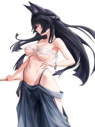 1girl absurdres animal_ear_fluff animal_ears black_hair bracelet braid breasts chest_sarashi closed_mouth commentary floating_hair fox_ears fox_girl half_up_braid highres hoshimi_miyabi jewelry medium_breasts mikasciii navel red_eyes sarashi simple_background solo thighs white_background zenless_zone_zero
