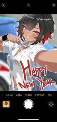 1girl armpit_crease black_hair blue_necktie blue_skirt blurry blurry_background blush breasts car cleavage collared_shirt commentary dark-skinned_female dark_skin english_commentary fake_phone_screenshot fake_screenshot grin hair_between_eyes happy_new_year highres indonesian_high_school_uniform looking_at_viewer medium_breasts motor_vehicle multicolored_hair navel necktie new_year original red_eyes red_hair school_uniform selfie shirt short_hair short_sleeves skirt smile sneusagi solo streaked_hair sweat translated white_shirt wristband