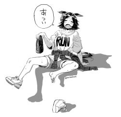 1girl animal_ears beanie black_hair closed_eyes clothes_around_waist clothes_writing flipped_hair greyscale hat highres holding holding_unworn_clothes holding_unworn_hat horse_ears horse_girl horse_tail jacket jacket_around_waist monochrome okachi open_mouth shirt shoes short_hair shorts single_bare_foot sitting sneakers solo swept_bangs tail translated umamusume unworn_hat unworn_headwear unworn_shoes white_shirt winning_ticket_(umamusume)