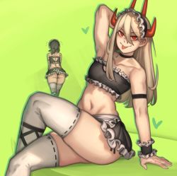 2girls absurdres alternate_costume ass back bikini black_hair black_panties black_skirt black_wrist_cuffs blonde_hair chainsaw_man collarbone cross-shaped_pupils crossed_legs crosshair_pupils demon_girl demon_horns enmaided facing_away flying_sweatdrops frilled_cuffs frilled_skirt frills hair_between_eyes heart higashiyama_kobeni highres horns kelvin_hiu long_hair low_ponytail maid maid_bikini maid_headdress multiple_girls navel panties ponytail power_(chainsaw_man) red_eyes red_horns seat short_hair short_ponytail sitting skindentation skirt swimsuit symbol-shaped_pupils thighhighs toned tongue tongue_out unconventional_maid underwear white_legwear wrist_cuffs