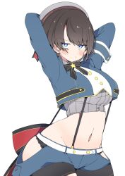 1girl absurdres arched_back armband arms_behind_back arms_up back_bow black_bow black_bowtie black_hair black_panties blue_eyes blue_jacket blue_shorts blush bow bowtie breasts buttons closed_mouth commentary cowboy_shot cropped_jacket cropped_shirt from_side grey_hat grey_shirt groin hashtag-only_commentary hat high_collar highres hip_vent hololive jacket kuma_no_bansoukou lace lace-trimmed_panties lace_trim large_bow large_breasts light_frown long_sleeves looking_at_viewer navel official_alternate_costume oozora_subaru oozora_subaru_(work) panties panty_peek pinstripe_pattern pinstripe_shirt red_bow sailor_hat shirt short_hair shorts simple_background solo standing star_(symbol) stomach striped_clothes striped_shirt suspender_shorts suspenders swept_bangs two-tone_bow underwear vertical-striped_clothes vertical-striped_shirt virtual_youtuber white_background wide_hips