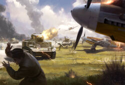 2boys 6+boys aircraft airplane battle darren_tan explosion firing gun machine_gun manually-operated_mounted_gun military military_vehicle motor_vehicle multiple_boys muzzle_flash original propeller_fighter scenery smoke soldier tank weapon world_war_ii