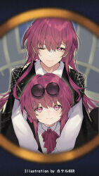 2girls age_difference aged_down alternate_hair_length alternate_hairstyle artist_name behind_another black_jacket closed_mouth commentary_request dual_persona eyewear_on_head glasses highres honkai:_star_rail honkai_(series) jacket kafka_(honkai:_star_rail) long_hair looking_at_viewer multiple_girls neck_ribbon one_eye_closed pince-nez pov_peephole purple_eyes purple_hair purple_ribbon ribbon round_eyewear shirt smile srpzk star_(symbol) sunglasses time_paradox white_shirt