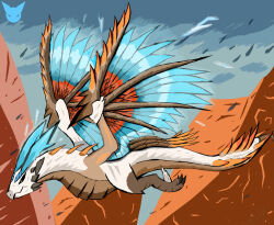 capcom claws creature dragon fanart_digital fantasy feathered_wings flying full_body horns landscape long_tail looking_at_viewer midair monster monster_hunter_(series) mountainous_horizon mountains orange_wings outdoors sky source tail toridcless wings