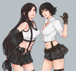 2girls bike_shorts black_hair black_skirt black_undershirt brown_gloves collared_shirt crossover crylin6 devil_may_cry devil_may_cry_(series) devil_may_cry_3 final_fantasy final_fantasy_vii final_fantasy_vii_remake gloves green_eyes grey_background heterochromia highres jewelry lady_(devil_may_cry) long_hair midriff multiple_girls navel necklace red_eyes shirt short_hair simple_background skirt suspender_skirt suspenders tifa_lockhart white_shirt
