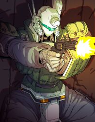 37_millimeter_vulcan_revolver_cannon absurdres ammunition ammunition_pouch anti-materiel_cartridge arm_shield artist_name assault_visor autocannon av-98_ingram bulletproof_vest cannon cannon_cartridge colt_python commentary cowboy_shot firing green_visor gun handgun highres holding holding_gun holding_weapon jackoonz kidou_keisatsu_patlabor kidou_keisatsu_patlabor_2_the_movie mecha mecha_focus muzzle_flash no_humans outstretched_arms pouch radio_antenna revolver revolver_cannon robot science_fiction shadow solo standing weapon