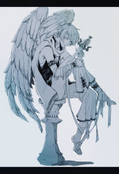 Rule 34 | 1boy, angel, angel wings, bandaged ankle, bandaged arm, bandages, bare shoulders, barefoot, bead bracelet, beads, black border, border, bracelet, commentary request, cross, dagger, feathered wings, from side, grey background, highres, holding, holding dagger, holding knife, holding weapon, jewelry, knee up, knife, looking at viewer, male focus, monochrome, moxamog, original, parted lips, pillar, scarf, shirt, short hair, simple background, sitting, solo, weapon, wings