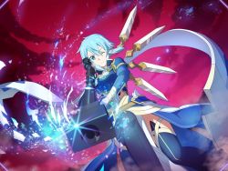 1girl aiming aiming_at_viewer anti-materiel_rifle armor blue_armor blue_eyes blue_hair bolt_action closed_mouth cloud floating_hair from_below game_cg gun hair_tubes holding holding_gun holding_weapon looking_at_viewer medium_hair one_eye_closed pgm_hecate_ii red_sky rifle shoulder_armor sinon sinon_(solus) sky sniper_rifle solo sword_art_online thighhighs waist_cape weapon