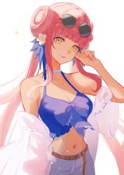1girl animal_ears aoi_tooru arknights bare_shoulders bikini breasts brown_hair ceylon_(arknights) ceylon_(holiday)_(arknights) cleavage closed_mouth cowboy_shot dress glasses highres holding jacket jewelry long_hair long_sleeves looking_at_viewer medium_breasts midriff navel open_clothes red_eyes shirt smile solo swimsuit very_long_hair white_background