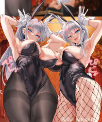 1boy 2girls :d animal_ears armpits arms_up bare_arms bare_shoulders black_bow black_bowtie black_hair black_leotard black_pants black_pantyhose blue_eyes blush bow bowtie breasts cle_masahiro closed_mouth contrail detached_collar fake_animal_ears fishnet_pantyhose fishnets gloves highres jogakkou_de_otoko_hitori_na_node_kousoku_de_seiyoku_no_hakeguchi_ni_sareru_nichijou large_breasts leotard long_hair looking_at_viewer makino_cassia_(cle_masahiro) makino_lilliana_(cle_masahiro) multiple_girls open_mouth paid_reward_available pants pantyhose playboy_bunny rabbit_ears rabbit_pose shirt short_sleeves sitting smile thighband_pantyhose white_gloves white_hair white_shirt