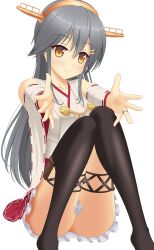 Rule 34 | 1girl, black boots, blush, boots, brown eyes, collarbone, commentary request, detached sleeves, double-parted bangs, frilled skirt, frills, full body, grey hair, hair between eyes, hair ornament, hairband, hairclip, hakama, hakama short skirt, hakama skirt, haruna (kancolle), highres, japanese clothes, jewelry, kantai collection, long hair, looking at viewer, nontraditional miko, outstretched arms, parallel hairclips, reaching, reaching towards viewer, red skirt, ribbon-trimmed sleeves, ribbon trim, ring, sidelocks, simple background, sitting, skirt, smile, solo, thigh boots, wedding ring, white background, white sleeves, wide sleeves, yellow hairband, yukiyomi