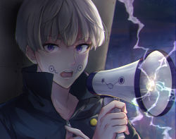 1boy black_jacket facial_tattoo gakuran high_collar highres holding holding_megaphone inumaki_toge jacket jujutsu_kaisen looking_at_viewer magic male_focus megaphone open_mouth purple_eyes school_uniform senzaki_(piyopiyobird5) short_hair silver_hair solo tattoo tongue_tattoo upper_body