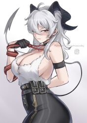 1girl absurdres arm_strap artist_logo bare_shoulders black_gloves black_horns black_pants black_tail blush breasts chascoby clothes_grab commentary cowboy_shot curled_horns demon_tail gloves grey_hair highres horns large_breasts logo long_hair multicolored_hair necktie necktie_grab neckwear_grab pants parted_lips shirt shirt_tucked_in solo streaked_hair tail tight_clothes tight_pants torn_clothes torn_shirt white_shirt wuthering_waves zani_(wuthering_waves)