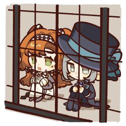 2girls bars black_boots black_coat black_hat black_pants blue_bow boater_hat boots bow checkered_hairband chibi coat dress full_body green_eyes grey_background grey_eyes grey_hair grey_shoes hair_bun hairband hat hat_bow highres hugging_own_legs iron_bars knees_to_chest knees_up long_hair multiple_girls official_art on_ground open_mouth pants pants_under_dress reverse:1999 shoes short_hair side-by-side single_side_bun sitting sonetto_(reverse:1999) sweat two_side_up vertin_(reverse:1999) white_dress white_pants