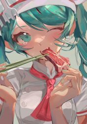 1girl absurdres arms_up blue_eyes blue_nails blush buttons double-breasted dress fangs fingernails food food_focus fork hat hatsune_miku highres jiye_p1 neck_ribbon obsolete_meat_(vocaloid) one_eye_closed popsicle red_ribbon ribbon short_sleeves solo teeth upper_teeth_only vocaloid white_dress white_hat