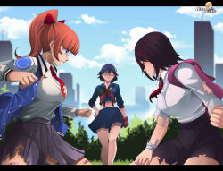 3girls alex_kellar backpack bag bandaid bandaid_on_leg black_hair blue_eyes blue_sky bow breasts crop_top crossover jacket kill_la_kill kunio-kun_series kyoko_(kunio-kun) large_breasts matoi_ryuuko misako_(kunio-kun) multiple_girls necktie orange_hair ponytail red_bow river_city_girls school_uniform short_hair skirt sky torn_clothes