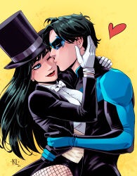1boy 1girl batman_(series) black_hair blue_eyes commission dc_comics dick_grayson eye_mask hat highres kath_lobo kiss kissing_cheek long_hair nightwing shirt striped_clothes striped_shirt superhero_costume two-tone_bodysuit zatanna_zatara