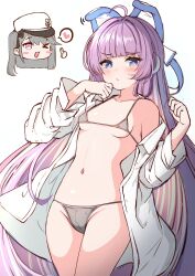 &gt;_o 2girls ;d absurdres azur_lane bare_shoulders bikini bikini_under_clothes blue_eyes blush_stickers breasts chibi chibi_inset collarbone collared_shirt commentary_request dress_shirt fingerprint grey_bikini grey_hair hands_up hat heart heart_in_mouth highres long_hair long_sleeves looking_at_viewer moyoron multiple_girls off_shoulder one_eye_closed one_side_up open_clothes open_mouth open_shirt pamiat_merkuria_(azur_lane) peaked_cap purple_eyes purple_hair shirt small_breasts smile spoken_heart swimsuit tashkent_(azur_lane) thumbs_up very_long_hair white_headwear
