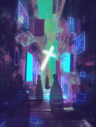 Rule 34 | 4others, alley, cross, dkaism, fog, glowing, green sky, limited palette, multiple others, neon lights, original, see-through silhouette, silhouette, sky, square, surreal