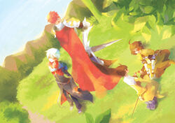 Rule 34 | 1girl, 3boys, acolyte (ragnarok online), armor, black coat, brown capelet, brown dress, brown hair, bush, cape, capelet, chest guard, closed mouth, coat, commentary request, cross, day, dress, expressionless, field, full body, gold trim, grass, long sleeves, lord knight (ragnarok online), multicolored coat, multiple boys, outdoors, pauldrons, pine tree, priest (ragnarok online), ragnarok online, red cape, red coat, red hair, sansaro, short hair, shoulder armor, standing, swordsman (ragnarok online), tree, two-tone coat, white hair, yellow coat