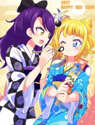2017 2girls akagi_(sk0127aho) annoyed blonde_hair blue_eyes cone_hair_bun cowboy_shot drawing_on_another&#039;s_face hair_bun happy_new_year idol_clothes japanese_clothes kimono minami_mirei multicolored_kimono multiple_girls new_year one_eye_closed pretty_series pripara purple_hair toudou_shion wide_sleeves yellow_eyes