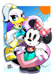 2girls absurdres animal_ears bow daisy_duck disney duck_girl full_body highres looking_at_viewer mickey_mouse_&amp;_friends minnie_mouse mouse_ears mouse_girl mouse_tail multiple_girls open_mouth ponytail simple_background smile sun swimsuit tail yuyu_maybe