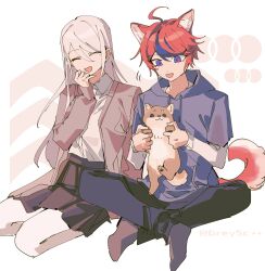 Rule 34 | 1boy, 1girl, :d, ^ ^, ahoge, animal ears, baby animal, black pants, black skirt, black streaks, blue eyes, brown jacket, chinese commentary, closed eyes, collared shirt, commentary, dog, dog ears, dog tail, grey hair, grey hoodie, hand up, highres, hood, hoodie, jacket, kashimiya karua, kemonomimi mode, long hair, looking at animal, multicolored hair, open clothes, open jacket, open mouth, pants, puppy, red hair, seiza, shirt, short hair, si ming, sitting, skirt, smile, streaked hair, sumino takumi, tail, the hundred line -last defense academy-, twitter username, white background, white shirt