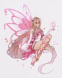 1girl absurdly_long_hair ahoge bare_shoulders barefoot_sandals_(jewelry) brown_hair bug butterfly butterfly_on_hand closed_mouth collar commentary detached_collar dress elbow_gloves enchantix english_commentary expressionless eyelashes fairy flower food-themed_hair_ornament frilled_dress frills full_body glasses gloves gradient_hair grey_background ha_yusa hair_flower hair_intakes hair_ornament highres insect instagram_username invisible_chair knees_up layered_dress lipstick long_hair looking_ahead magical_girl makeup multicolored_hair original pink_collar pink_dress pink_flower pink_gloves pink_hair pink_lips pointy_ears red-framed_eyewear red_eyes short_dress sidelocks simple_background sitting sleeveless sleeveless_dress solo sparkle strap strawberry_hair_ornament swept_bangs twitter_username very_long_hair white_butterfly white_dress winx_club