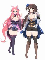 2girls absurdres animal_ears blue_cape blue_eyes bow brown_hair cape ceri_(sakura_dungeon) commission commissioner_upload fox_ears fox_tail full_body gauntlets hair_bow highres hsk10107 japanese_clothes kimono looking_back multiple_girls non-web_source pink_hair sakura_dungeon sweat tail thighhighs yomi_(sakura_dungeon)