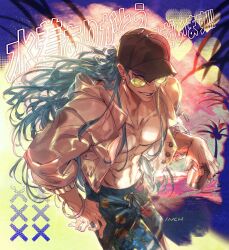 1boy blue_hair bracelet can cowboy_shot cu_chulainn_(caster)_(fate) cu_chulainn_(fate) cu_chulainn_(tropical_rune_summer)_(fate) earrings fate/grand_order fate_(series) hat highres holding holding_can inch2814 jacket jewelry long_hair long_sleeves looking_at_viewer male_focus male_swimwear navel open_clothes open_jacket palm_tree pectorals red_eyes smile solo sunglasses swim_trunks toned toned_male tree white_jacket