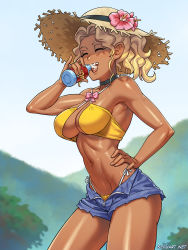 Rule 34 | 1girl, ^ ^, bikini, bikini under clothes, black choker, blonde hair, blue shorts, bottle, breast expansion, breasts, choker, cleavage, closed eyes, commentary, commission, criss-cross halter, cutoffs, dark-skinned female, dark skin, day, drinking, english commentary, flower, halterneck, hat, hat flower, highleg, highleg bikini, highres, kuramitsu mihoshi, medium breasts, milk, milk bottle, navel, open fly, open mouth, orchid, pinky out, shiny skin, short hair, shorts, side-tie bikini bottom, solo, speh, straw hat, swimsuit, teeth, tenchi muyou!, thighs, toned, underboob, upper teeth only, yellow bikini