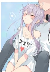 1boy 1girl alternate_costume between_legs blush closed_eyes collar drying drying_hair faceless faceless_male fingernails hair_dryer hand_between_legs heart highres holding holding_hair_dryer pants purple_hair shirt short_hair_with_long_locks single_bare_shoulder smile spoken_heart t-shirt voiceroid yuzuki_yukari zooanime