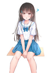 1girl absurdres black_hair blue_bow blue_skirt blush bow bowtie breasts brown_eyes collared_shirt hair_ornament hairclip highres kutatsu_(kutatsu7) long_hair looking_at_viewer mole mole_under_eye open_clothes original pleated_skirt sailor_collar school_uniform shirt short_sleeves simple_background sitting skirt small_breasts solo white_background white_sailor_collar white_shirt yuki_(kutatsu)
